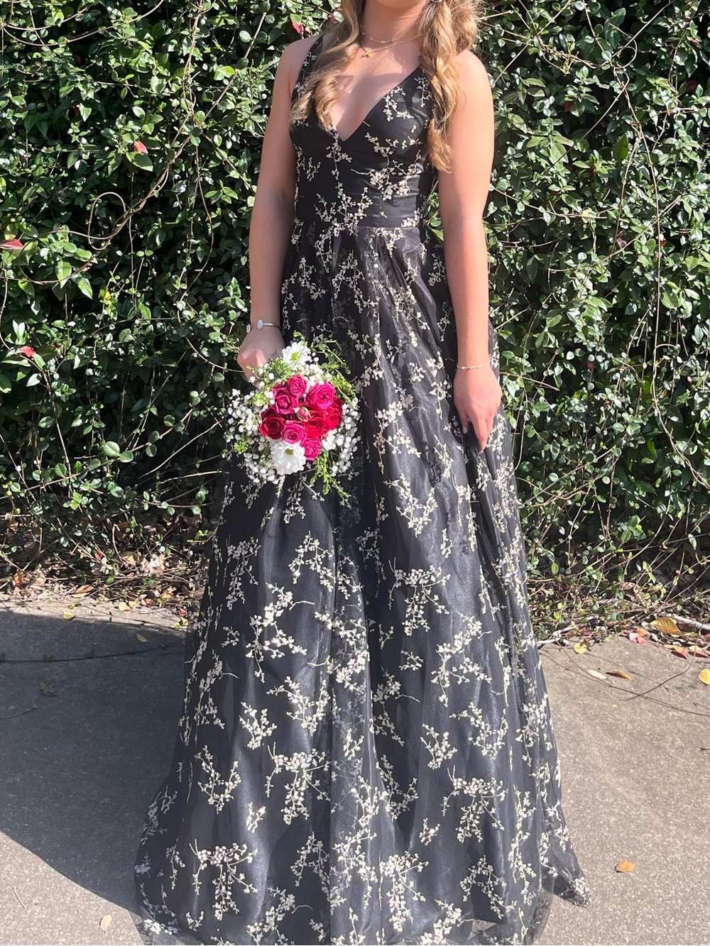 Black V-Neck Floral Evening Gown